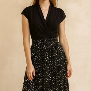 Vintage 90s Nina Piccalino Black White Polka‎ Dot Belted Midi Dress Size 8 USA